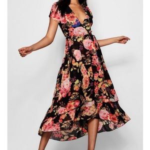 Mallory Chiffon Ruffle Floral Print Midi Dress